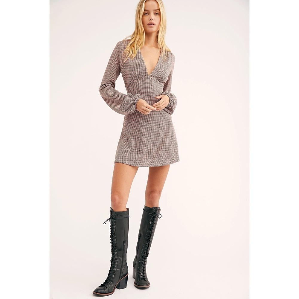 Free People Selin Houndstooth Deep V Mini Dress